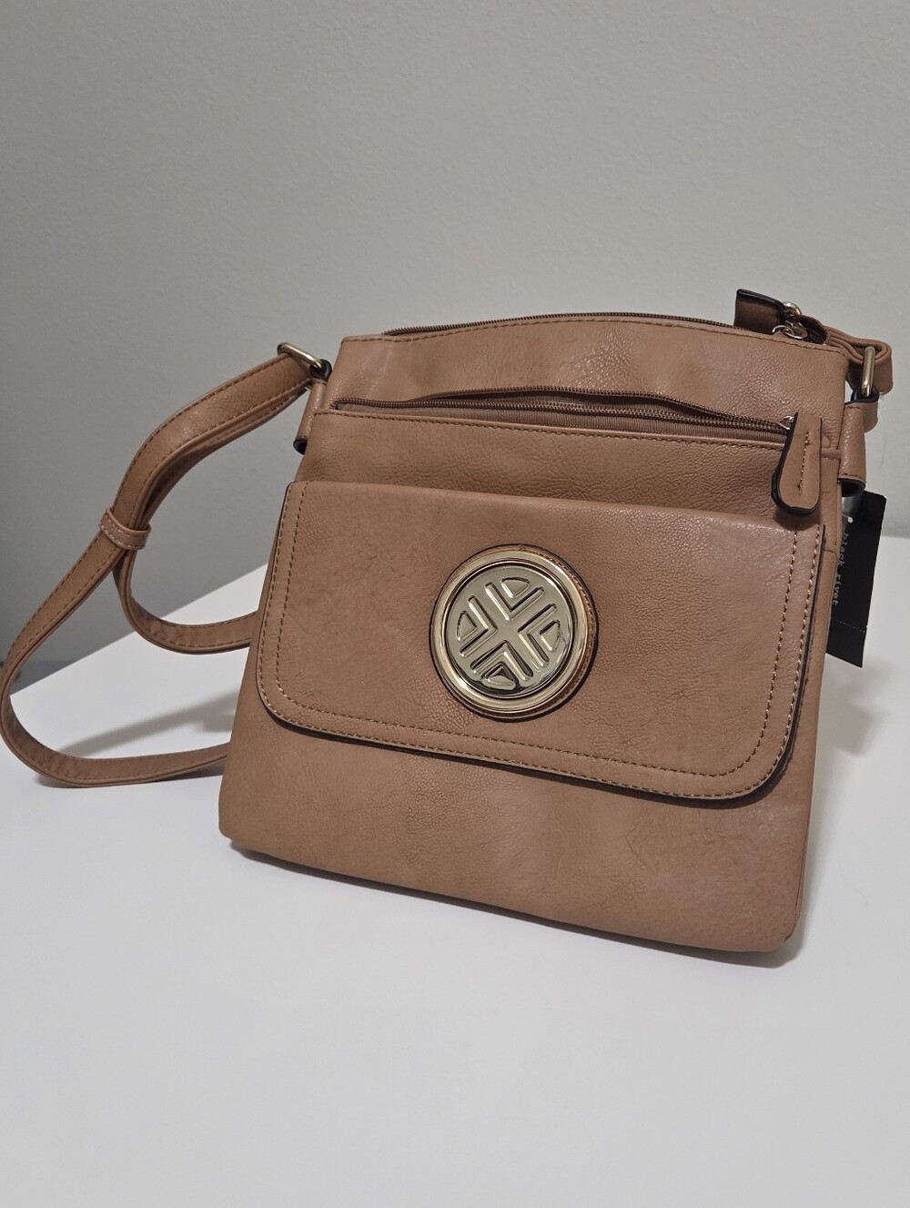 Womens Leather Crossbody Bag in Tan with Gold Accent - Black Rivet